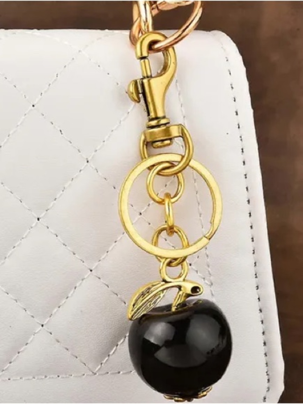 Apple Black glitter keychain or bag charm with gold hardware key ring / dog clip